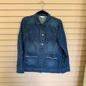 J Jill Denim Jacket Blue Jean Size Small Fringe Trim Button 100% Cotton Shacket‎